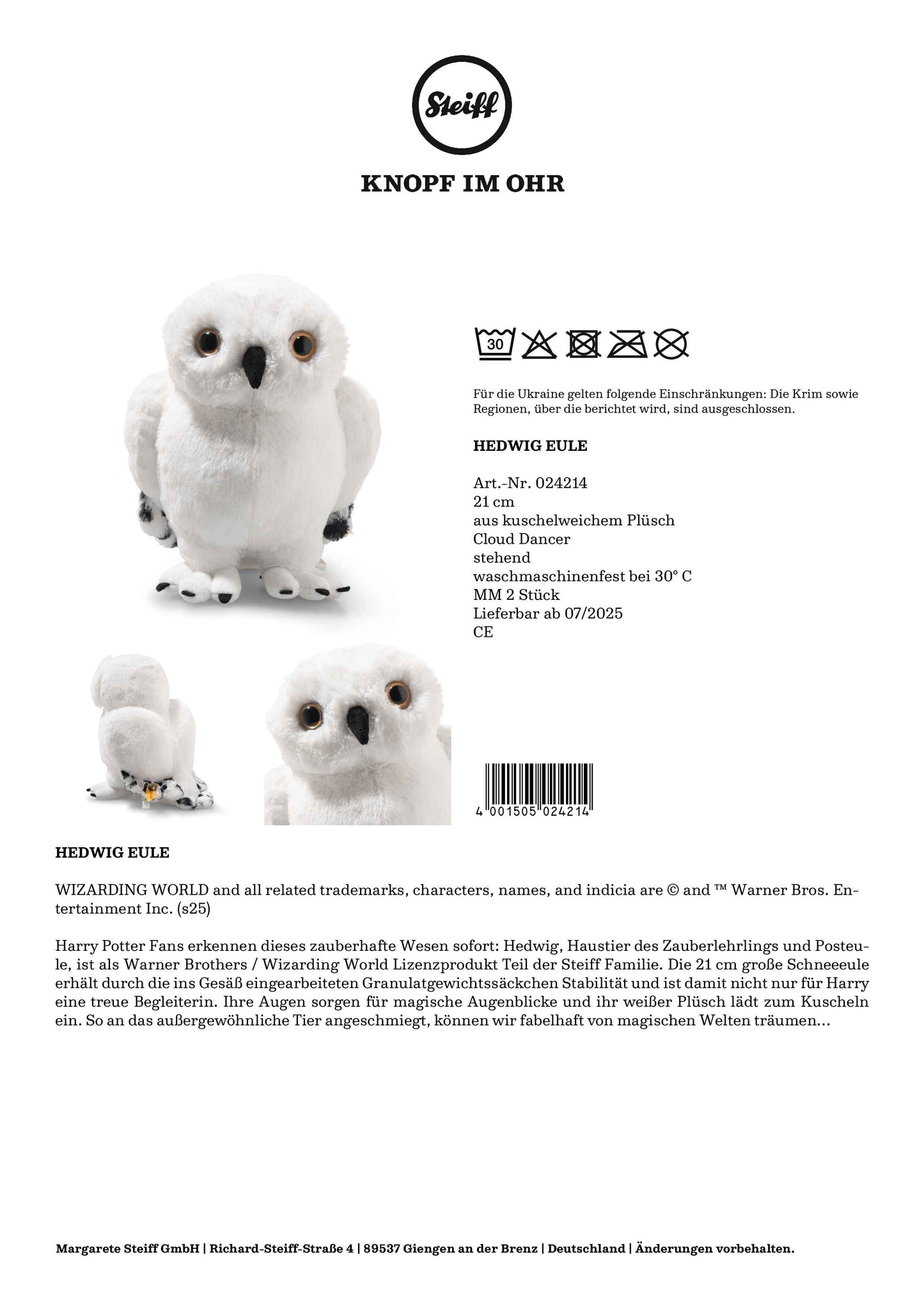 Steiff - Eule Hedwig - 21 cm