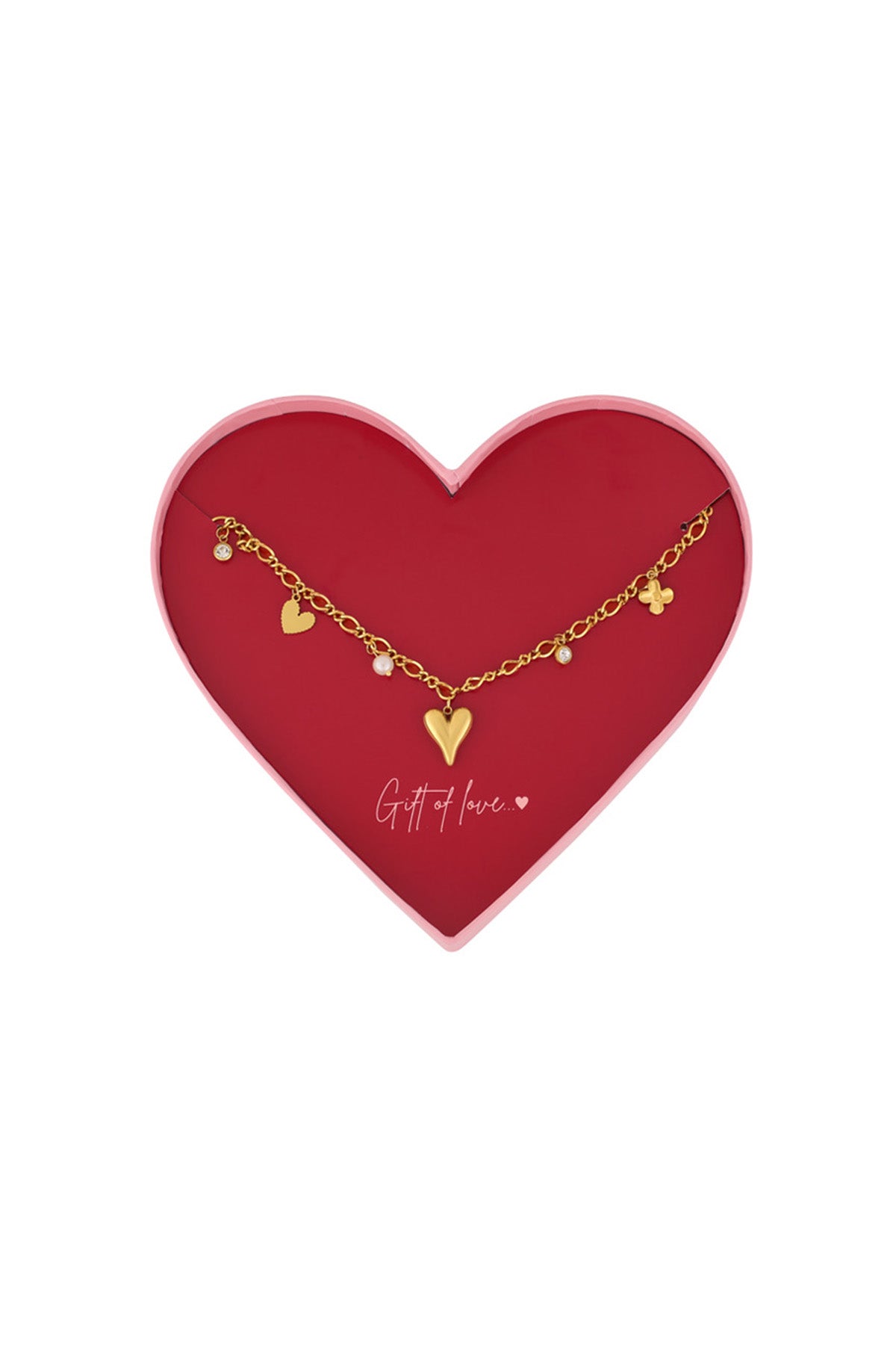 Herz-Charm-Kette aus vergoldetem Edelstahl in roter Geschenkbox in Herzform