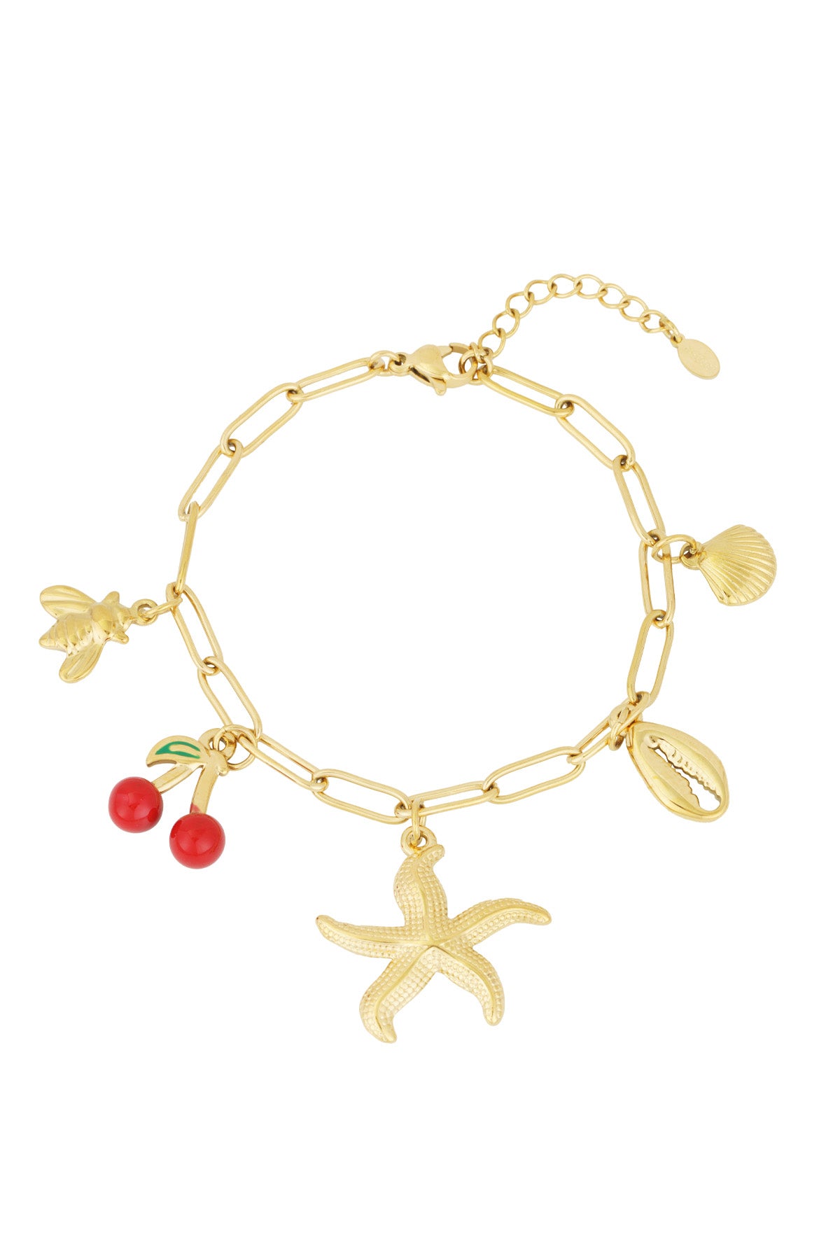 Bettelarmband „Summer Love“ in Gold – charmantes Armband mit Seestern, Muschel, Kirsche und Biene