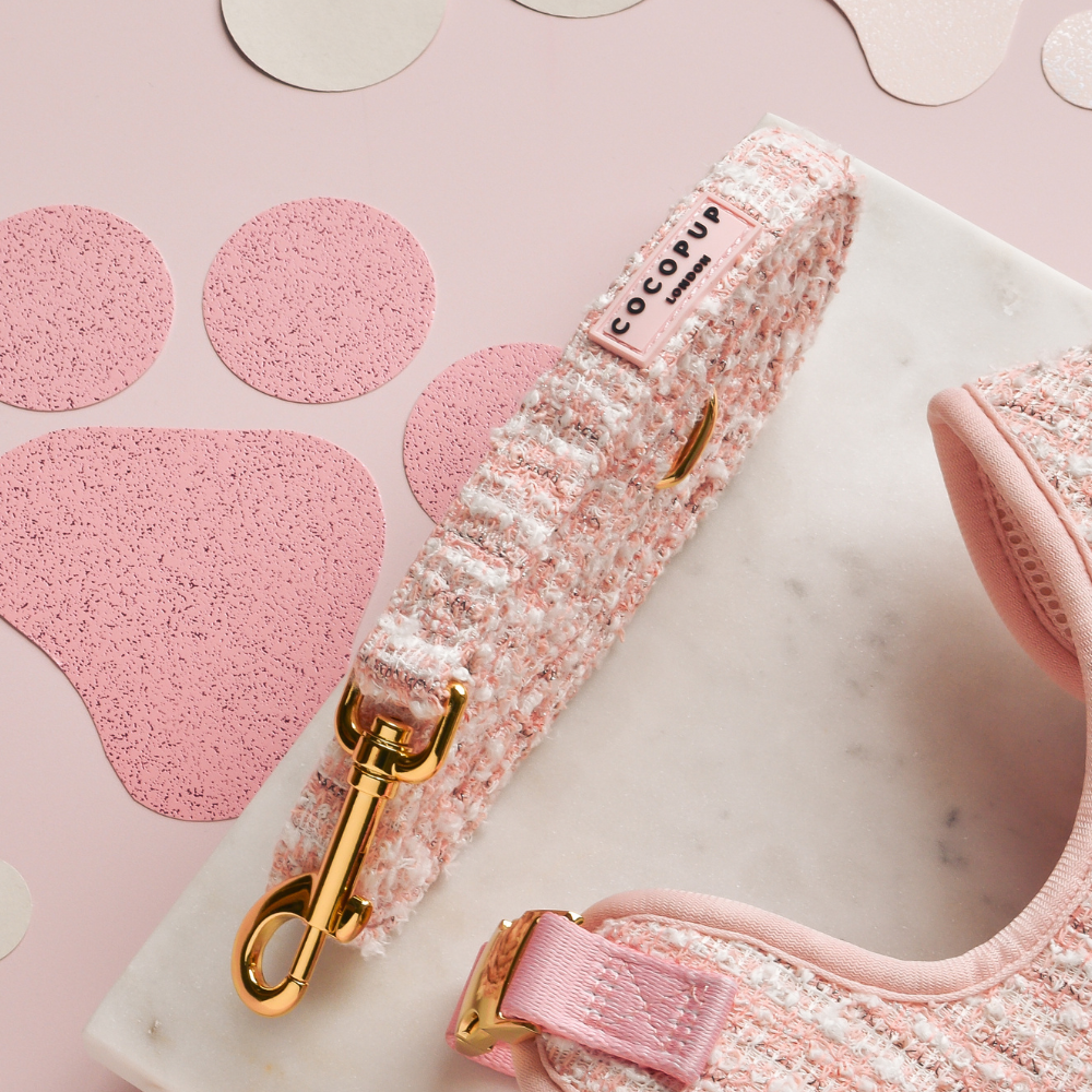 Pinke Tweed-Leine mit gepolstertem Griff für zusätzlichen Komfort.
