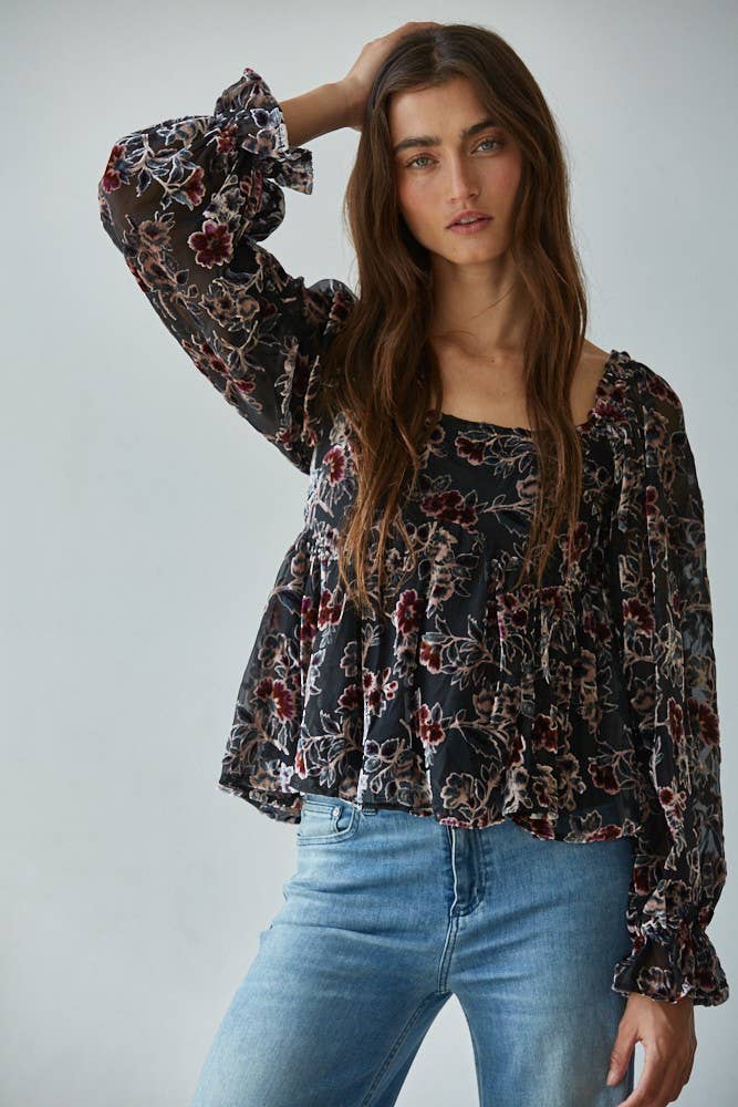 Samt-Mesh-Top mit Blumenmuster