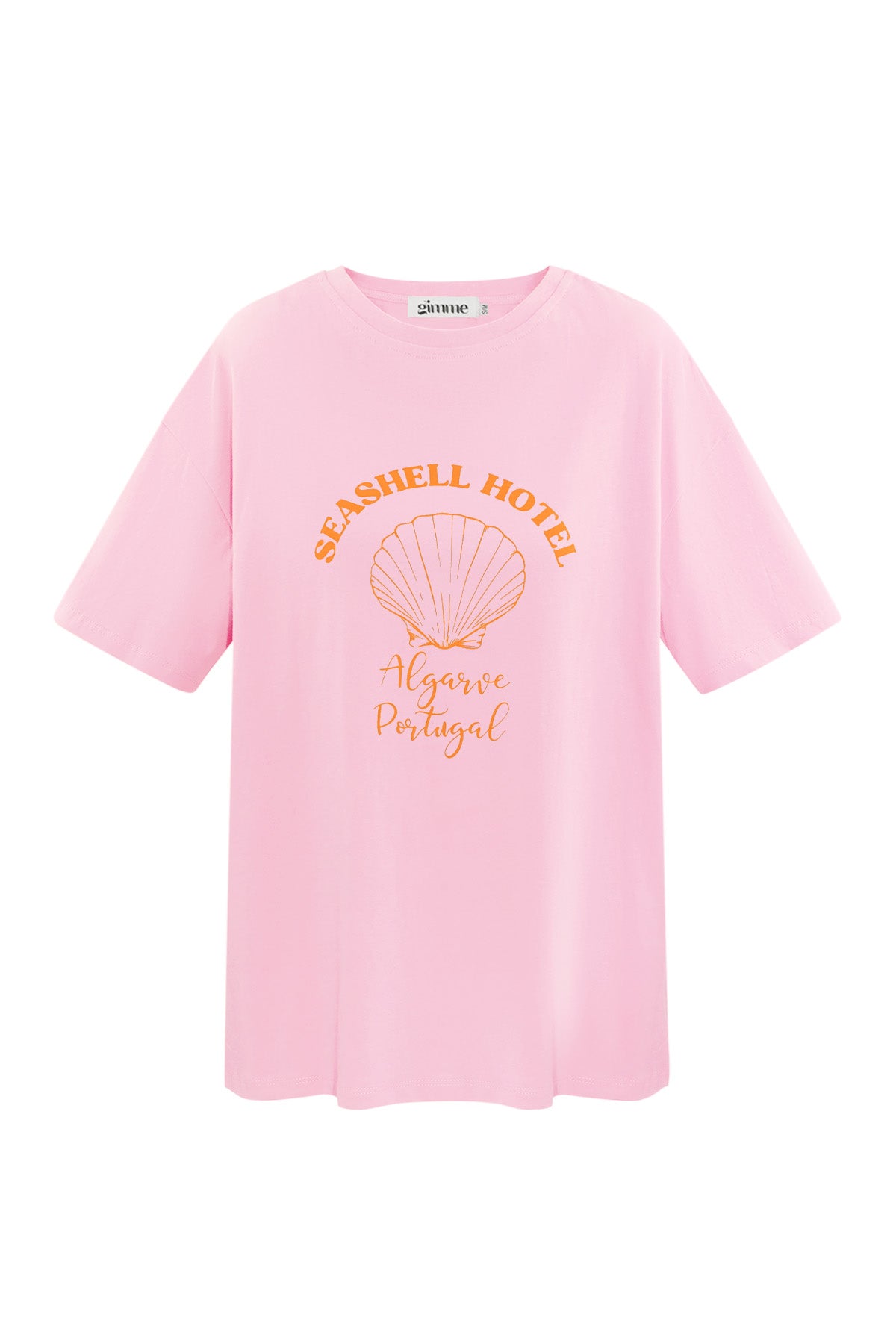 T-Shirt mit Muschel und Aufschrift – angenehmes Baumwoll-Shirt in Rosa mit auffälligem Muschel-Print und orangefarbener Schrift für einen sommerlichen Look.