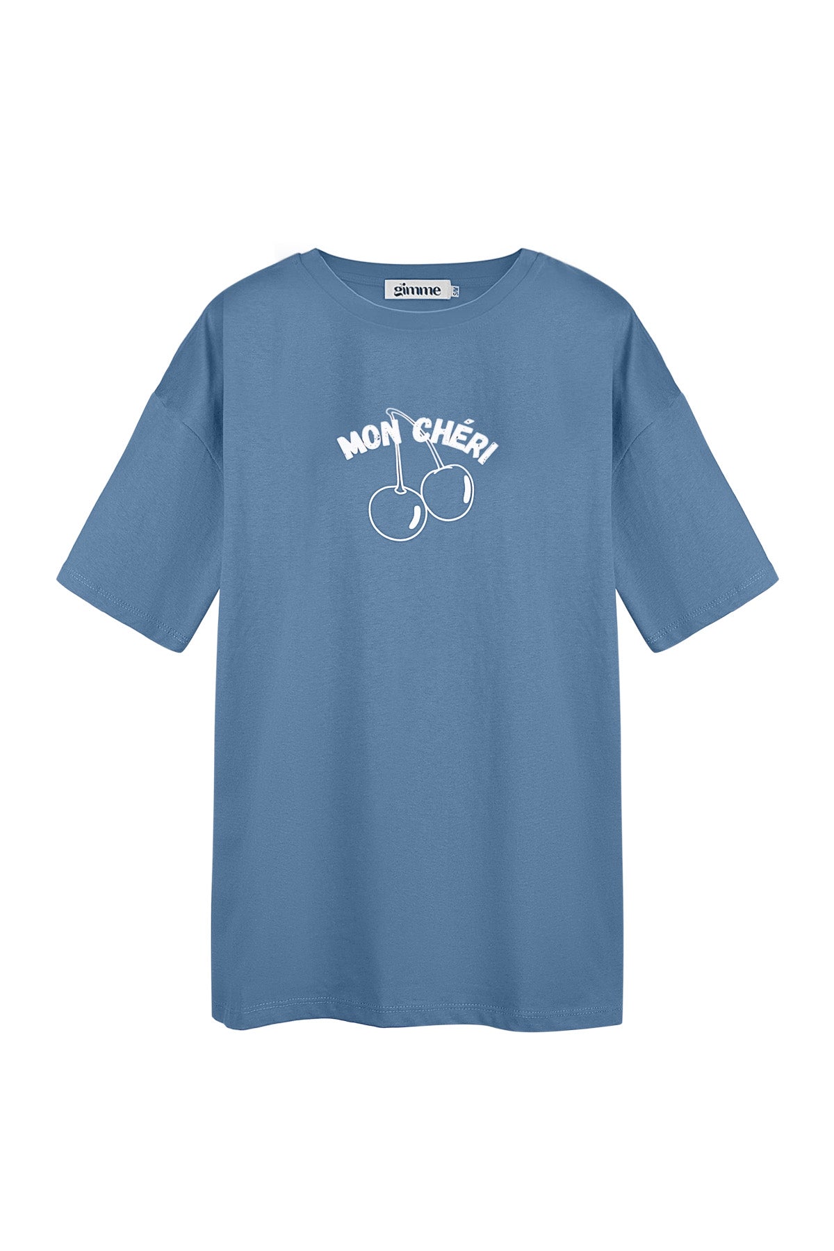 Kirschen-Print auf dem blauen T-Shirt „Mon Cheri“ – ein verspieltes Must-Have für den Sommer