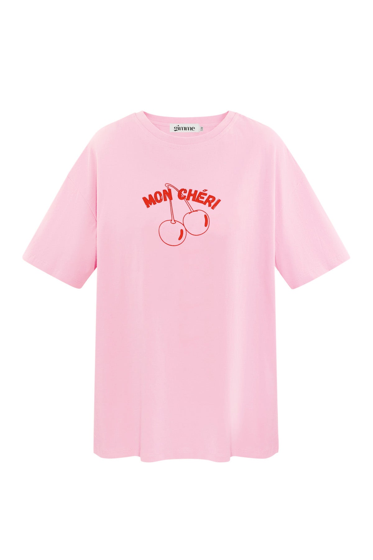 Vorderansicht des T-Shirts „Mon Cheri“ in Rosa mit Kirsche und Schriftzug