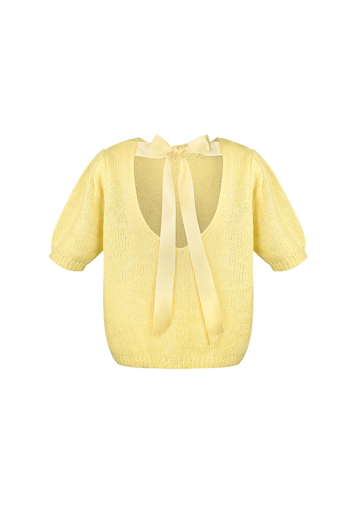 Das Shirt in Gelb mit Puffärmeln und Rückenausschnitt, ideal für einen frischen Look.
