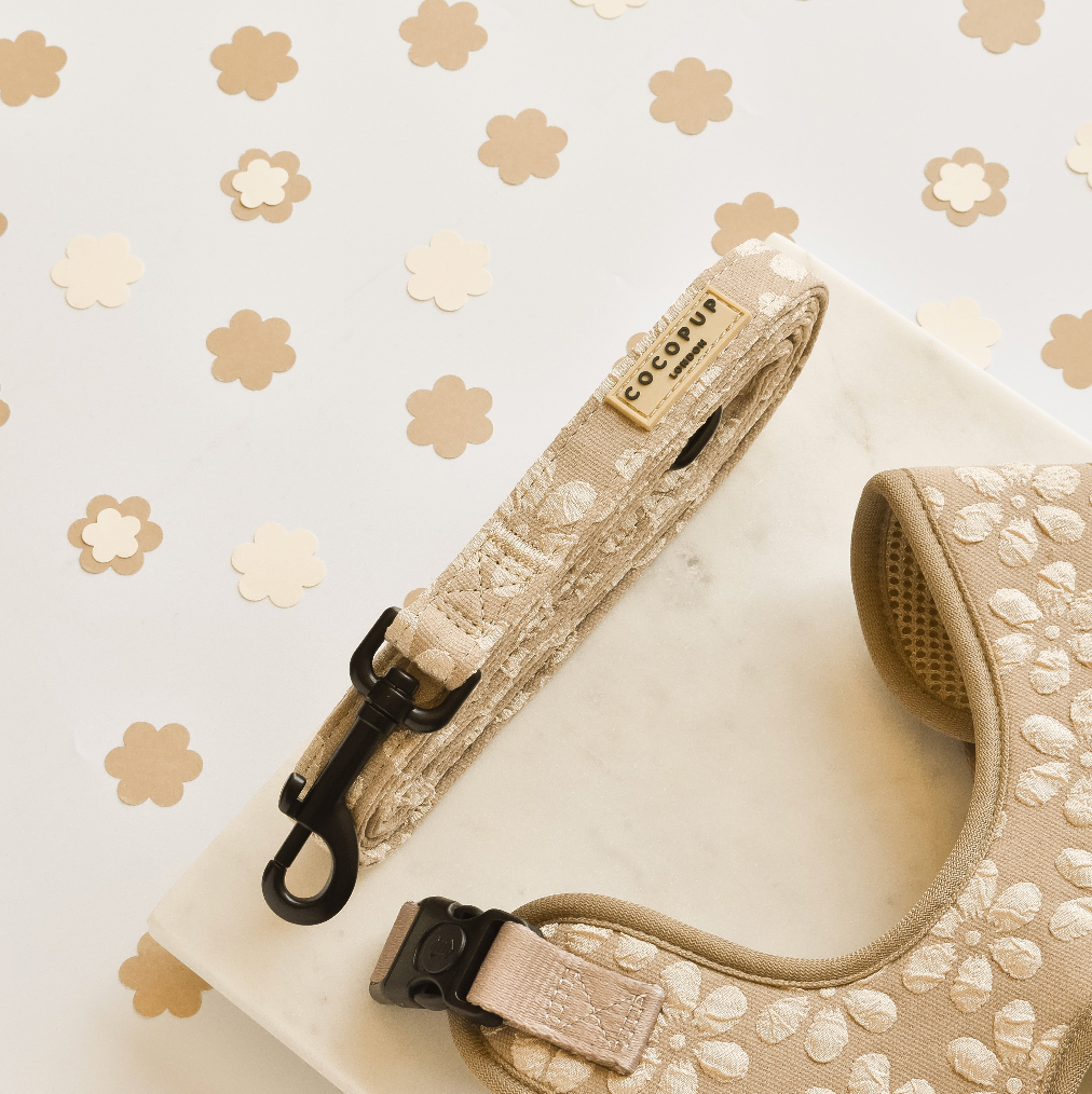 Elegante Luxe Leine – Mocha Flower mit Blumenmuster, gepolstertem Griff und D-Ring für Kotbeutel, ideal für stylische Hundespaziergänge.