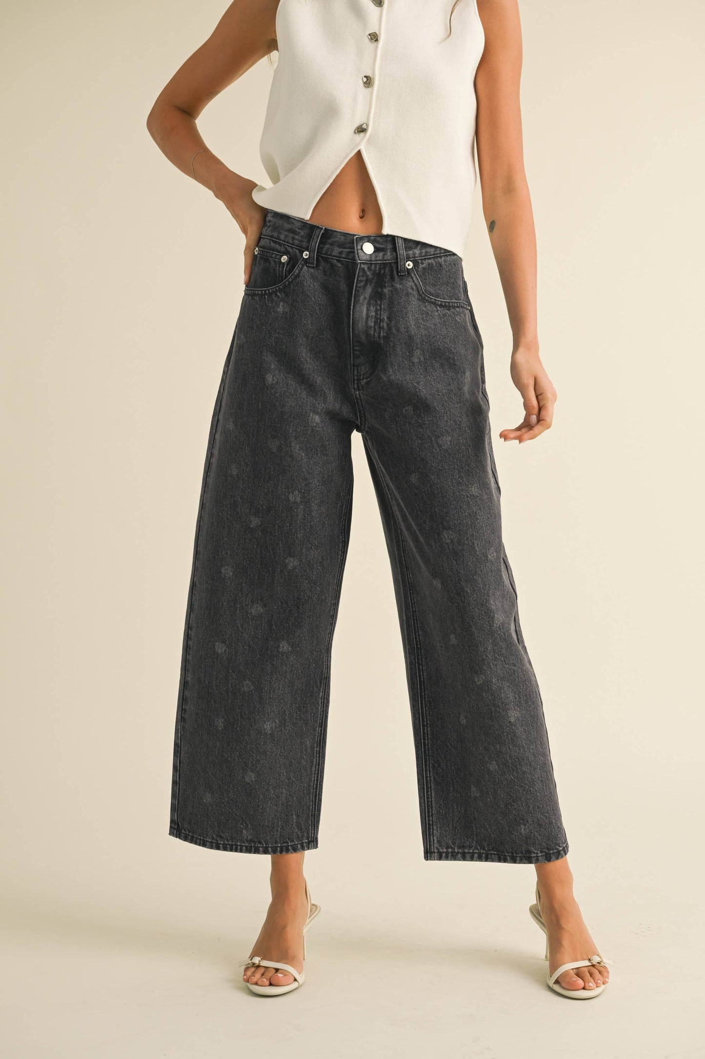 Wide-Leg-Jeans mit Herzmuster