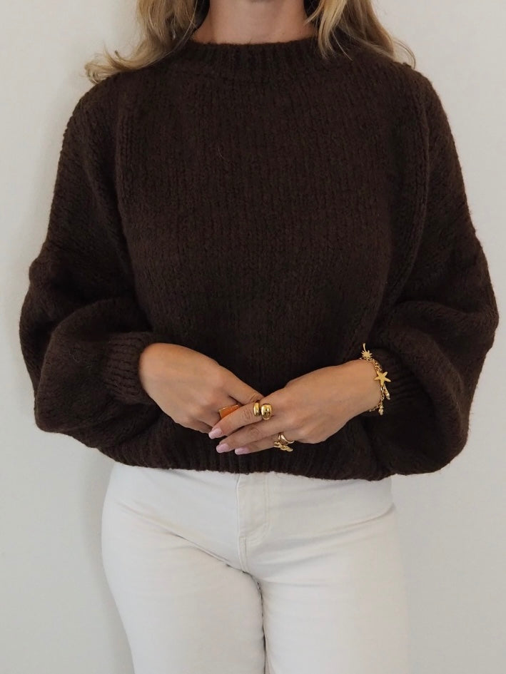 Kuscheliger Strickpullover mit Ballonärmeln – Braun