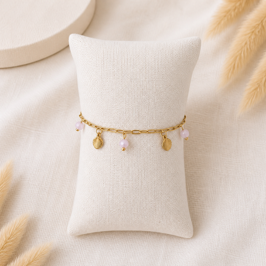 Filigranes Muschel Armband in Gold mit Rosé-Perlen