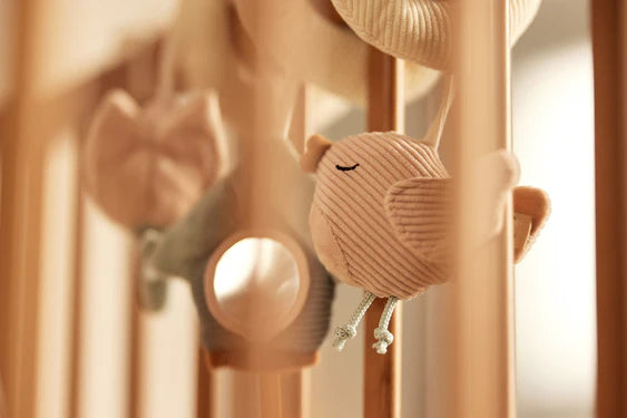 Spiralspielzeug mit Naturmotiven am Gitterbett befestigt