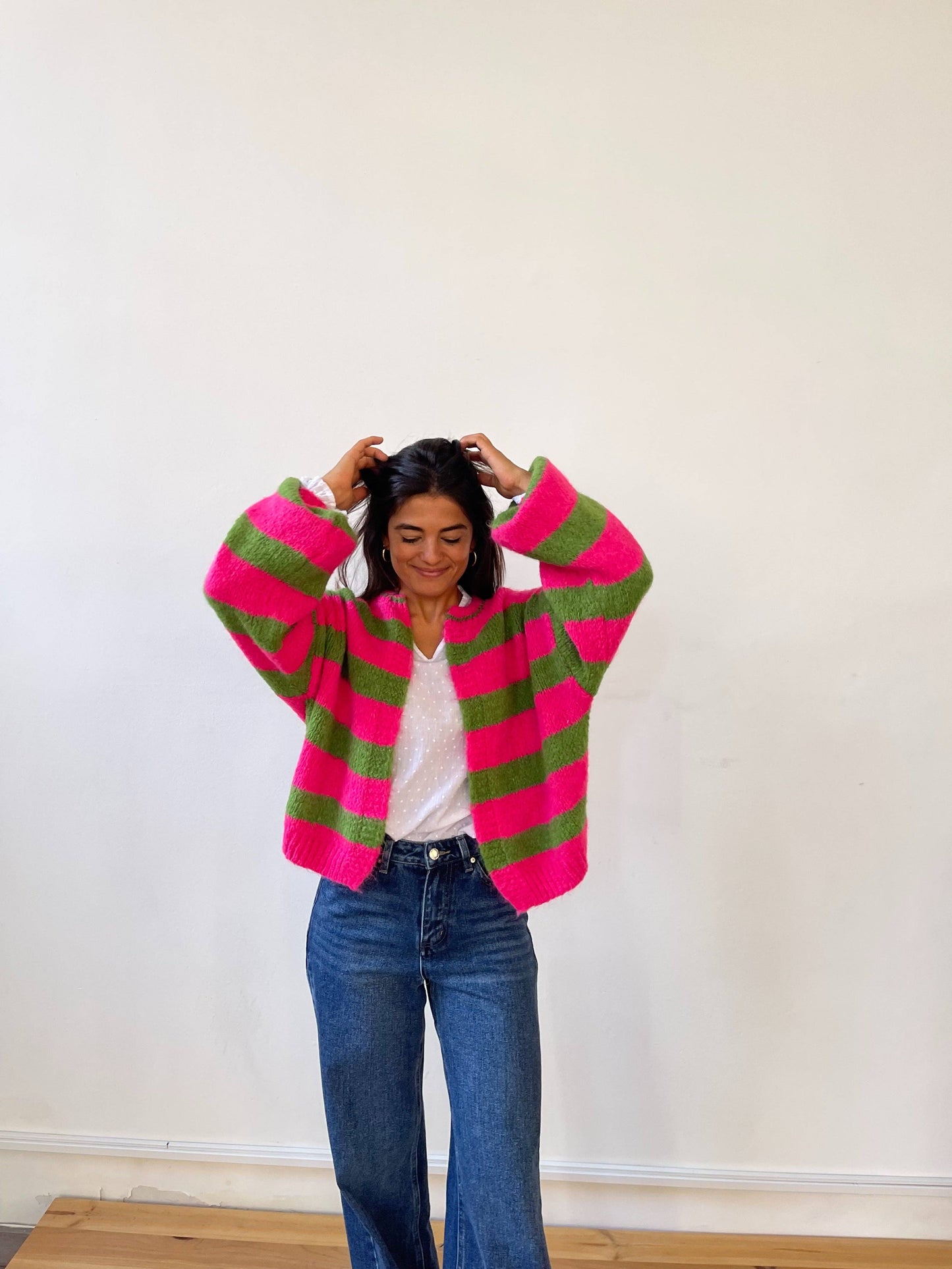 Gestreifte Strickjacke in Fuchsia & Grün - Elli by Lena & Lisa