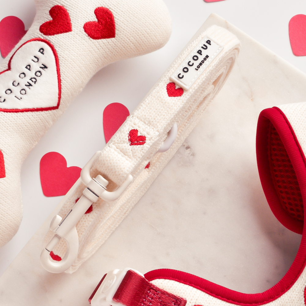 Hugs & Knitted Lead – Stylische Leine mit rotem Herzdesign für einen modischen Spaziergang mit deinem Hund.