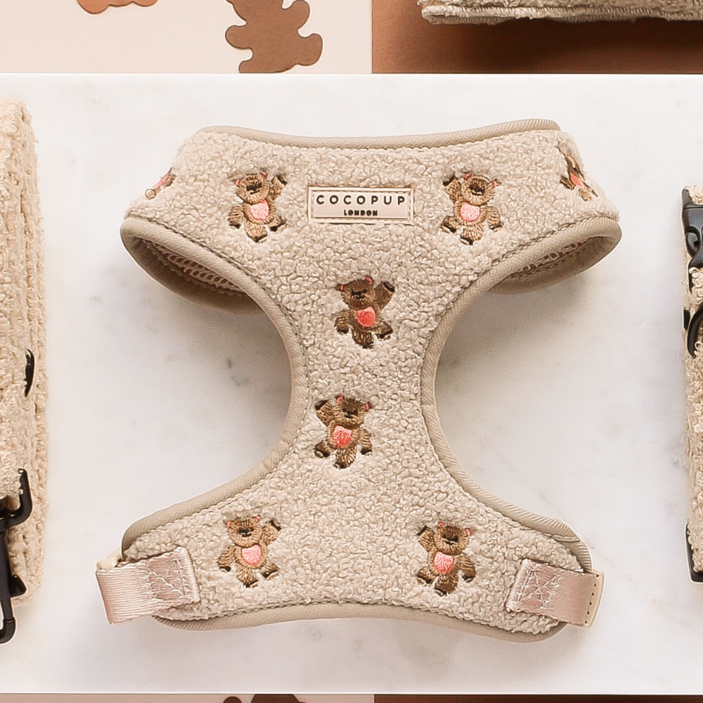 Das "Theo Teddy" Hundegeschirr in stilvollem Design – ein verstellbares Geschirr für deinen Hund mit niedlichen Teddybären-Stickereien.