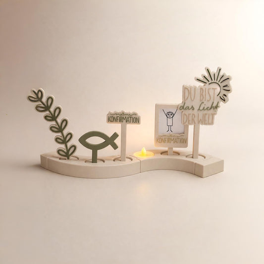 Kirchendeko Stecksystem Taufe Kommunion Konfirmation | Kreuz Fisch Taube | personalisierbar | passend für Kerzenring Basis