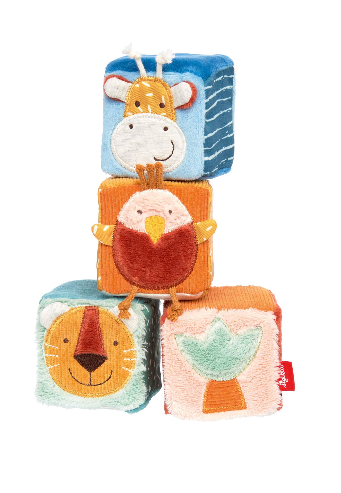 Bunte Babyspielwürfel mit Giraffe, Tiger und Vogel.