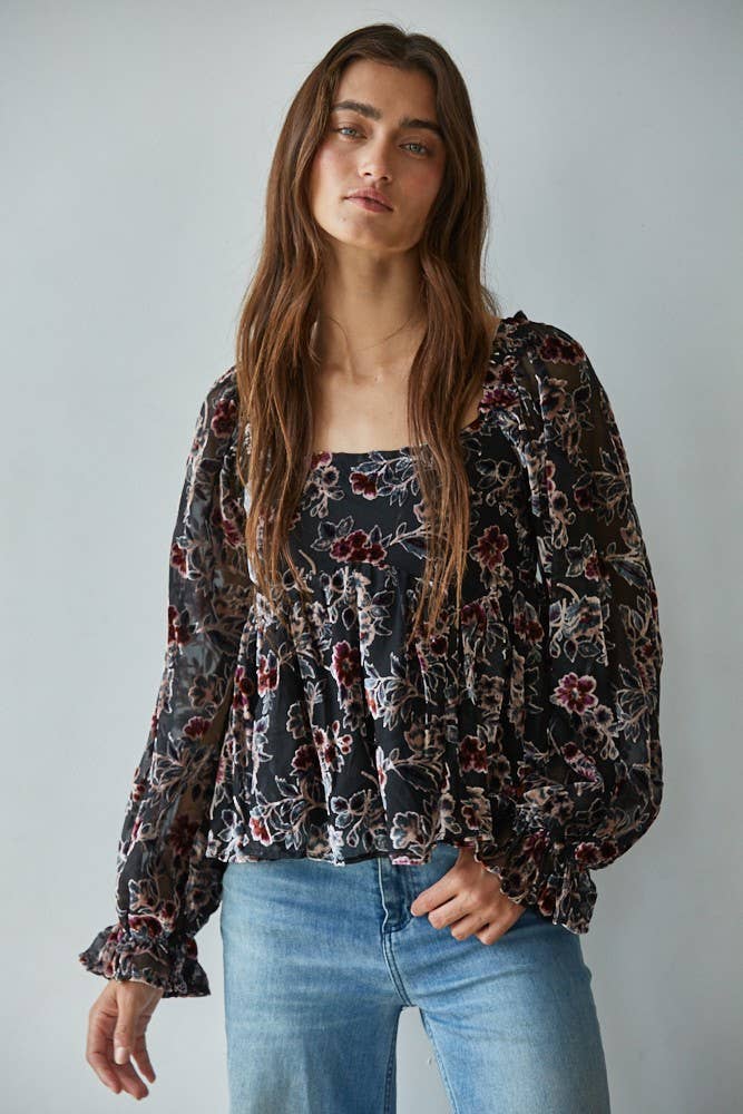 Samt-Mesh-Top mit Blumenmuster