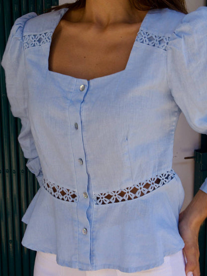 Baumwoll-Leinen Bluse mit Knopfleiste und Spitzeneinsatz