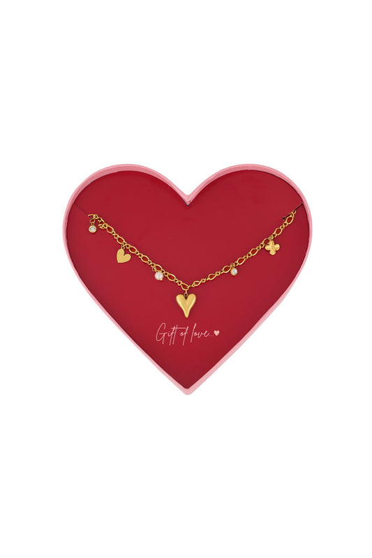 Herz-Charm-Kette aus vergoldetem Edelstahl in roter Geschenkbox in Herzform