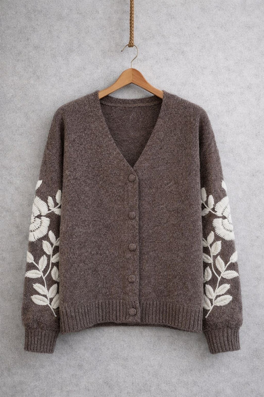 Florale Bestickte Strickjacke mit Wolle und Alpaka-Anteil