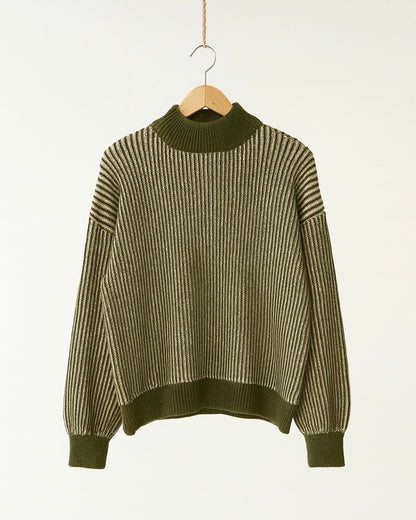 Khaki und Rosa Gestreifter Pullover EMMA aus Wolle und Alpaka