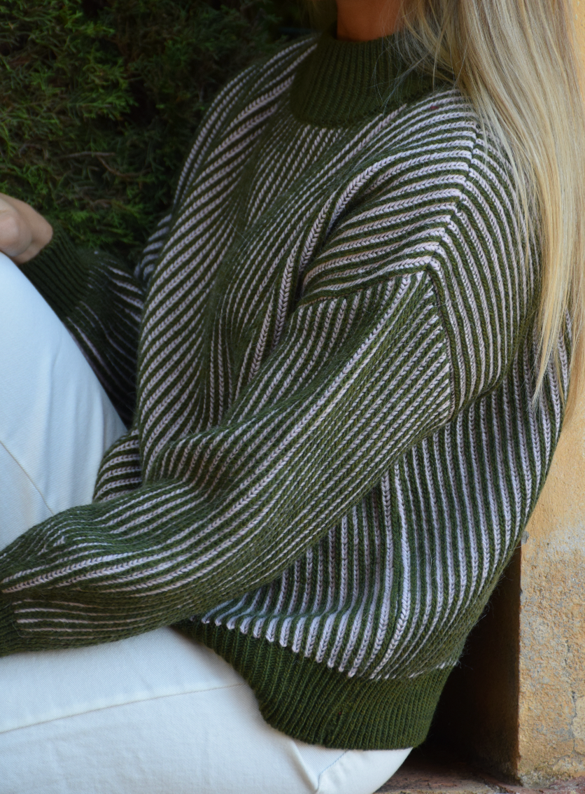 Khaki und Rosa Gestreifter Pullover EMMA aus Wolle und Alpaka