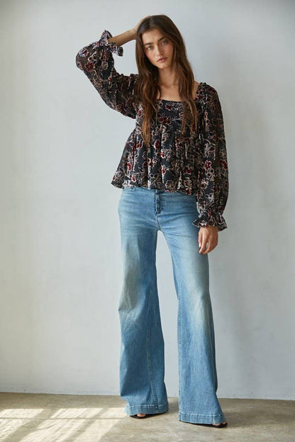 Samt-Mesh-Top mit Blumenmuster