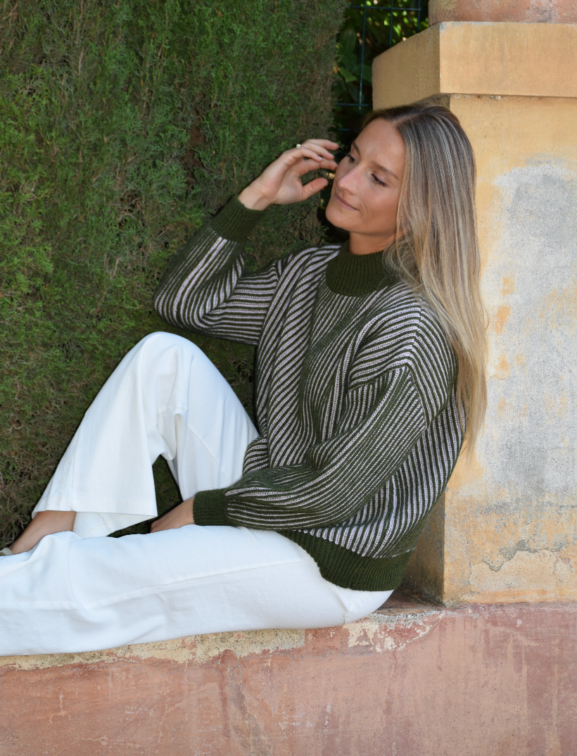 Khaki und Rosa Gestreifter Pullover EMMA aus Wolle und Alpaka