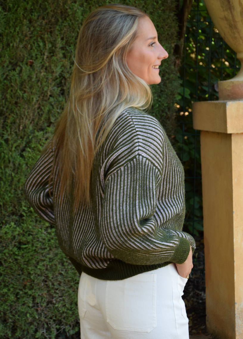 Khaki und Rosa Gestreifter Pullover EMMA aus Wolle und Alpaka