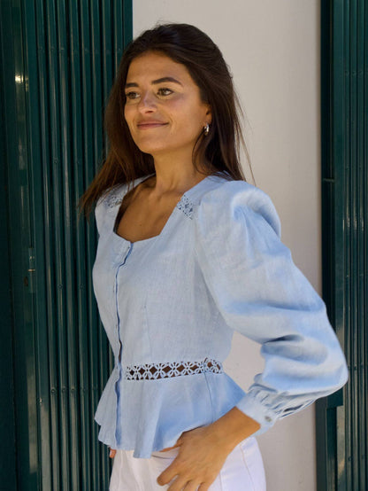 Baumwoll-Leinen Bluse mit Knopfleiste und Spitzeneinsatz