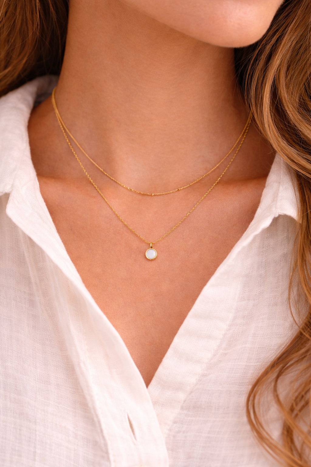 Layering Halskette Gold mit weißem Anhänger