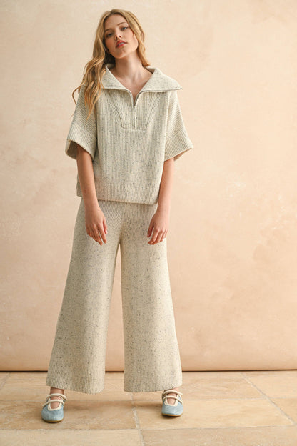 Kurzärmliger Baumwollpullover mit Reißverschlusskragen – Oversize Fit