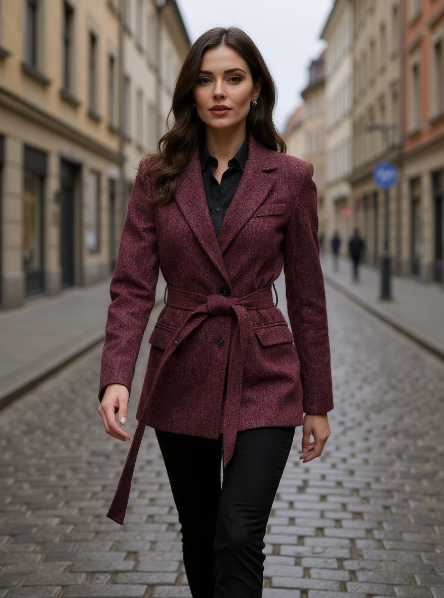 Bordeauxfarbener Blazer mit Taillierung & Bindegürtel