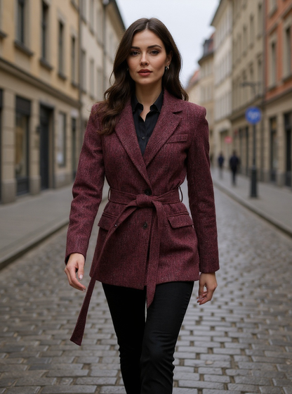 Bordeauxfarbener Blazer mit Taillierung & Bindegürtel