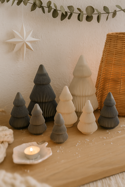 Weihnachtsbäume als Deko in verschiedenen Größen und Farben