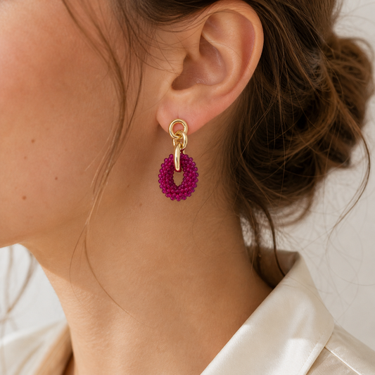 Statement Ohrringe mit Perlenring in Fuchsia & Gold