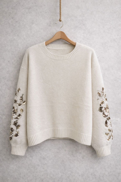Oversize Pullover mit Rundhalsausschnitt – Ärmel mit Paillettenstickerei