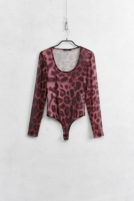 Burgunderfarbener Mesh-Body mit Animalprint