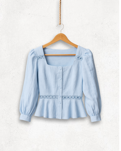 Baumwoll-Leinen Bluse mit Knopfleiste und Spitzeneinsatz