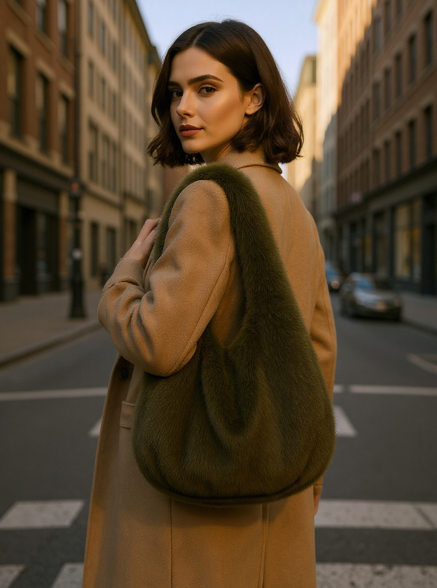 Kuschelige Faux-Fur Schultertasche – Olive