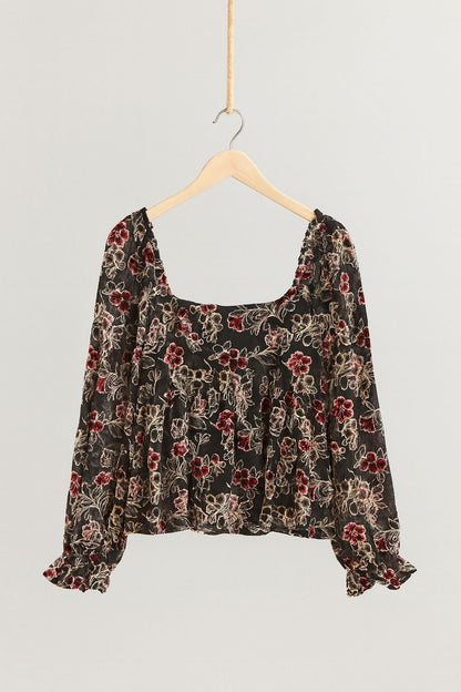 Samt-Mesh-Top mit Blumenmuster