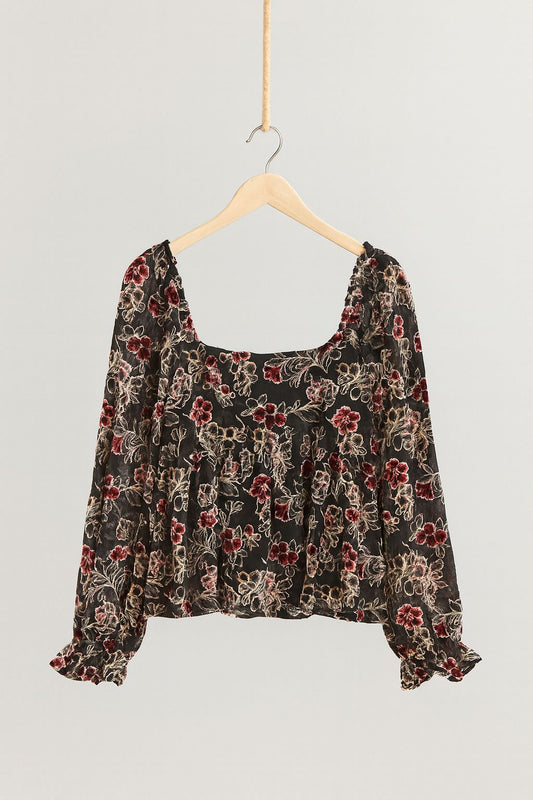 Samt-Mesh-Top mit Blumenmuster