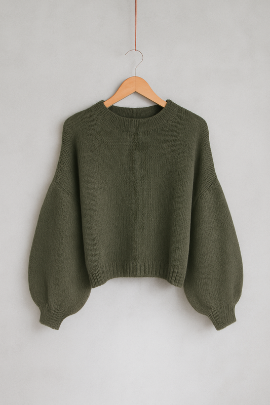 Trendiger, kuscheliger Pullover mit Puffärmeln aus Mohairmix – Khaki