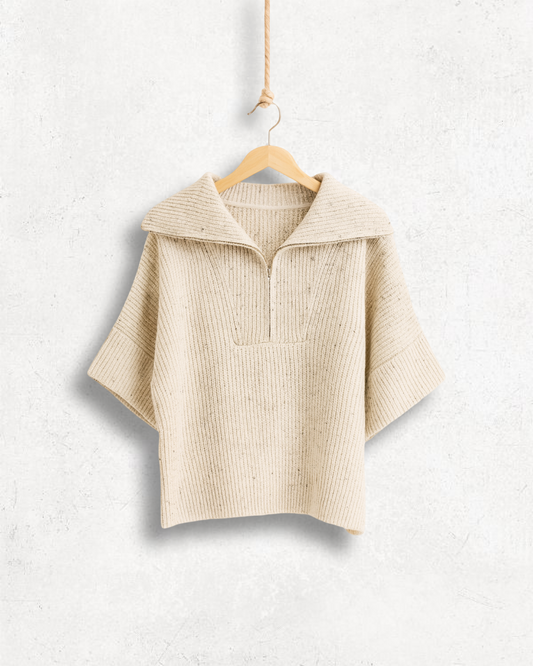 Kurzärmliger Baumwollpullover mit Reißverschlusskragen – Oversize Fit