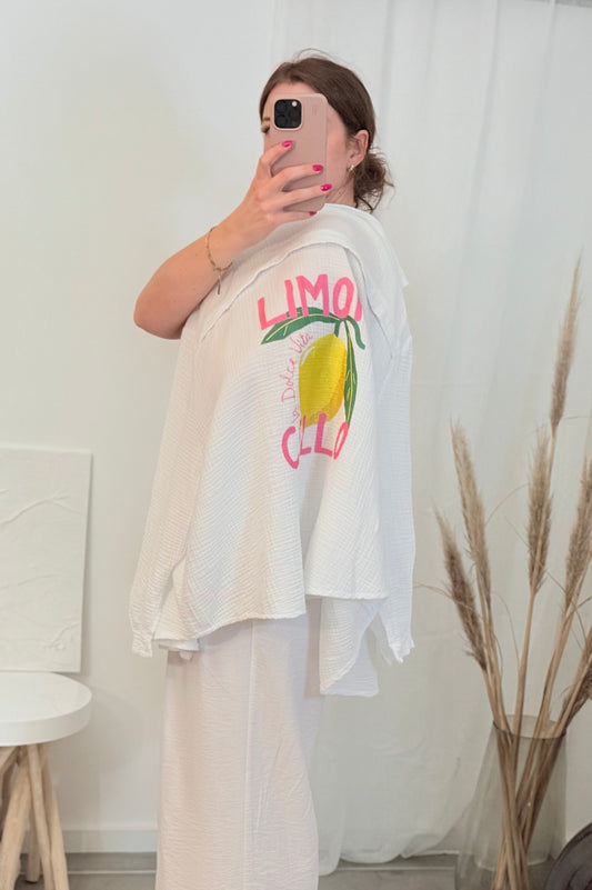 Oversize-Musselinbluse mit Zitronenprint auf dem Rücken
