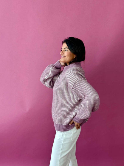 Trendpullover EMMA aus Alpaka-Wollmix – Malve und Beige