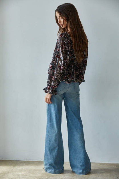 Samt-Mesh-Top mit Blumenmuster