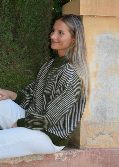 Khaki und Rosa Gestreifter Pullover EMMA aus Wolle und Alpaka