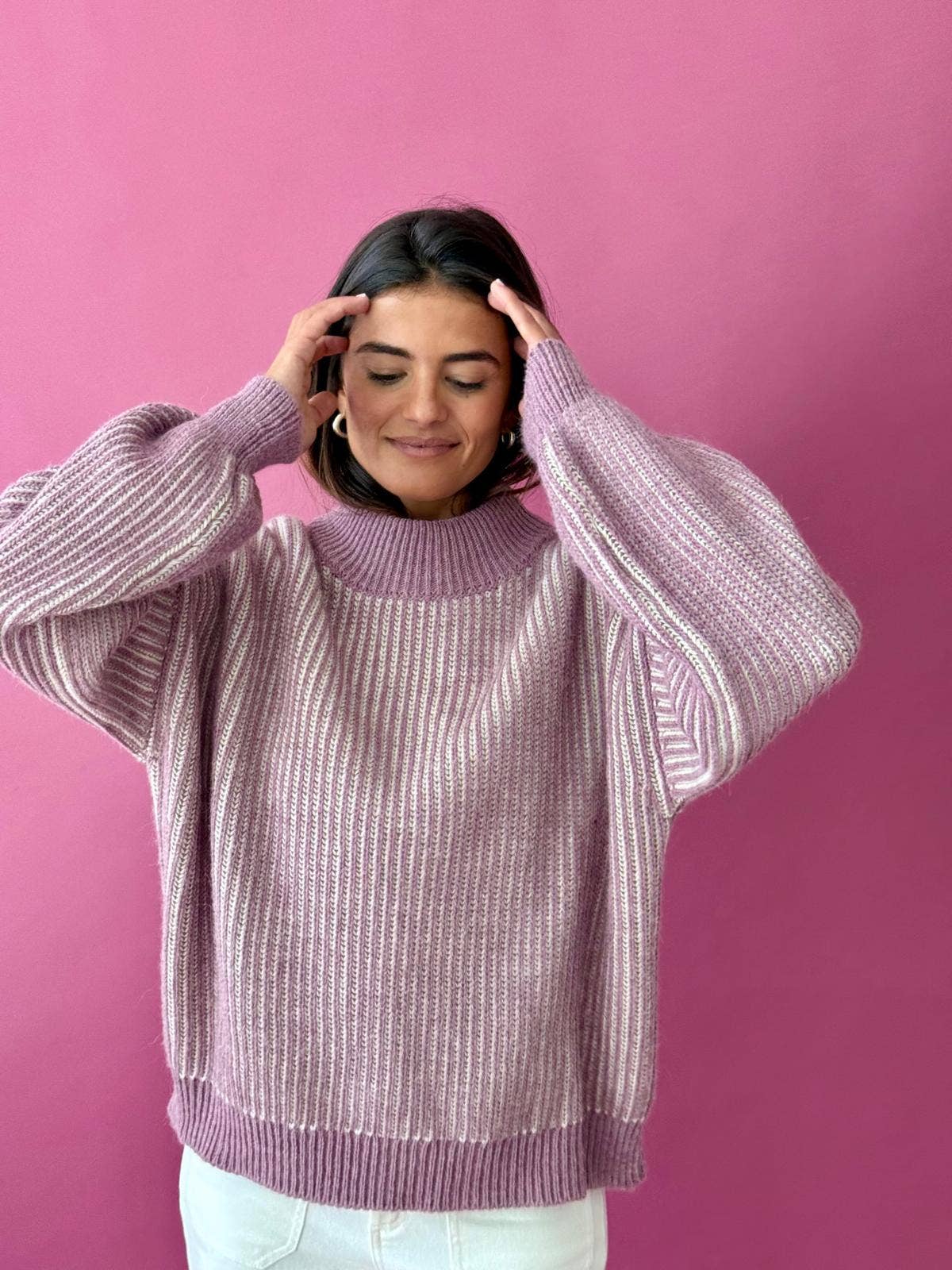 Trendpullover EMMA aus Alpaka-Wollmix – Malve und Beige