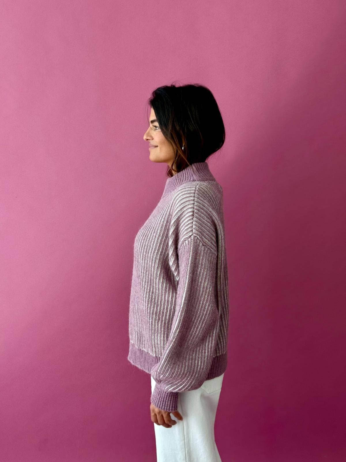 Trendpullover EMMA aus Alpaka-Wollmix – Malve und Beige