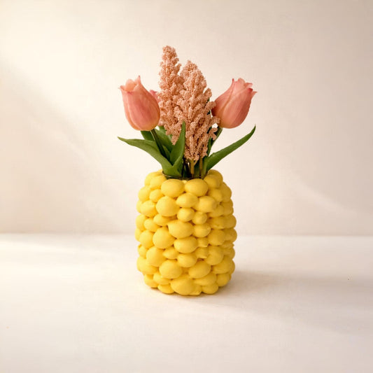 Zitronen Vase Gelb Ø10x12 cm | 3D Druck Vase mit fest integriertem Glaseinsatz | wasserdicht & sommerliche Deko